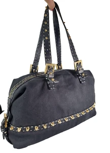Fendi Selleria Schultertasche aus schwarzem Canvas und Leder mit Nieten | Hergestellt in Italien - Bild 1 von 13