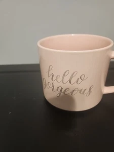 THRESHOLD Stoneware Pink W/Gold Oversized Coffee Mug Cup "Hello Gorgeous" 16oz - Picture 1 of 3