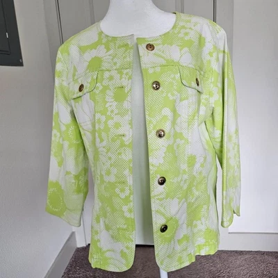 Hearts Of Palm Womens Floral Blazer Jacket Green White Golden Button Pocket Sz 8 - Image 1 of 4