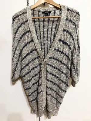 FOREVER 21 Grey Blue Navy Striped Draped Short sleeved Knit Cardigan, Size S,NEW - Image 1 of 4