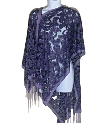 The Pyramid Collection Purple Sheer Paisley Fringe Poncho Top – One Size Boho  - Image 1 of 4