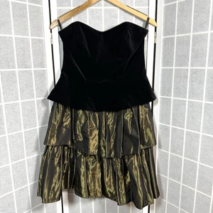 Laura Ashley 80's Vtg Strapless Dress Size 14 Black Velvet Gold Ruffle Skirt - Picture 1 of 7
