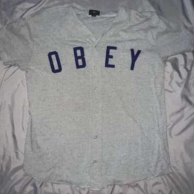 Obey Worldwide Baseball Jersey Style Tee Large Gray Button Up Streetwear - Image 1 of 4
