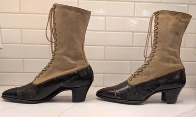 CIRCA 1900 VICTORIAN/EDWARDIAN WOMEN'S LACE-UP RICKARD BOOTS LEATHER & CANVAS - Image 1 of 4