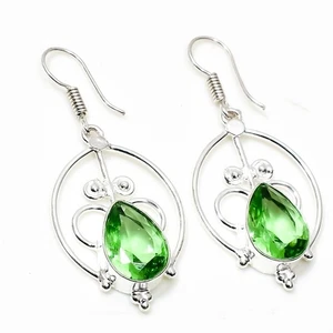 925 Sterling Silver Green Amethyst Gemstone Handmade Jewelry Earring Size-1.8" - Picture 1 of 4