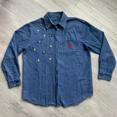 Karen Scott Vintage Embroidered Halloween Theme Denim Button-Up Shirt Size M - Image 1 of 4