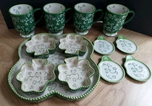 TEMPTATIONS GREEN FLORAL LACE SHAMROCK 13 PIECE SET MUGS RAMEKINS TRAY VERY RARE - Picture 1 of 18