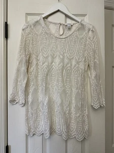 Blusa Top Cato Mujer Talla L Encaje Manga 3/4 Crema Marfil Boho Mezcla Algodón Transparente - Imagen 1 de 23