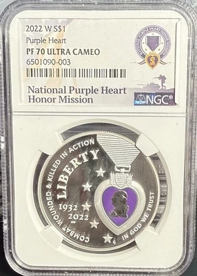 2022 W $1 Silver Proof Purple Heart Colorized NGC PF70 UCAM ER BOX + COA - Image 1 of 4