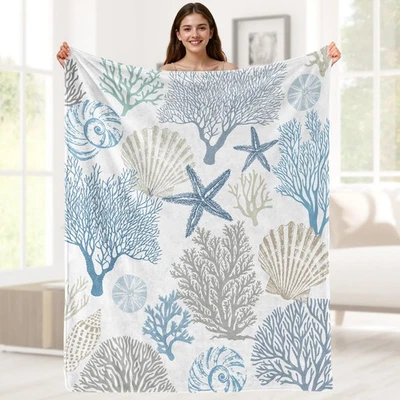 Starfish Coral Blankets Gifts for Girls Nautical Coastal Throw Blanket for Oc... - Image 1 of 4