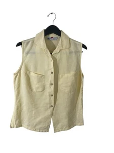 Top sin mangas vintage de lino amarillo mantequilla con botones L minimalista Lagenlook - Imagen 1 de 6