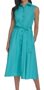 NWT Calvin Klein Women's Cotton Tie-Waist Sleeveless Dress, Lake, sz 8 $139 - Picture 1 of 4