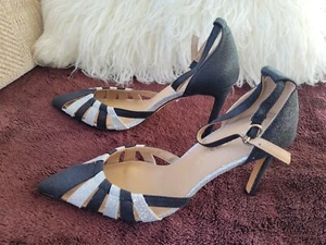 Damenschuhe Größe 6 schwarz silber glitzernd spitz zulaufend Stilettoabsatz Knöchelriemen - Bild 1 von 11