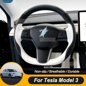 Charcoal Suede White Leather Car Steering Wheel Cover For Tesla Model 3 Y X - Picture 1 of 7