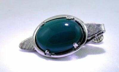 1 1/3 INCH OVAL 18x13 GREEN AGATE CAB GEMSTONE SILVER COLOR TIE CLIP BAR EPTT563 - Image 1 of 2