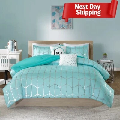 Aqua Metallic Printed 5 piece Comforter Set,  Sham Pillows, Decor Pillows, King - Image 1 of 4