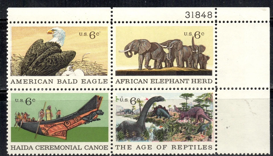 #1387-90 1970 6-cent  Natural History se-tenant block of 4 with plate# MNH - Image 1 of 1