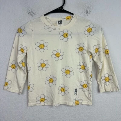 PH PLAY T-Shirt Girls Size 8 Off-White Long Sleeve Daisy Floral Smiley Playful - Image 1 of 4