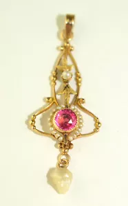 ANTIKER 10K GELBGOLD RUNDER ROSA STEIN & SAMENPERLE LAVALIERE ANHÄNGER - Bild 1 von 4