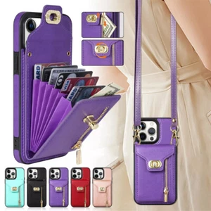 For iPhone 16 15 Pro Max 14 13 12 11 XR Crossbody Leather Wallet Card Bag Case - Picture 1 of 78