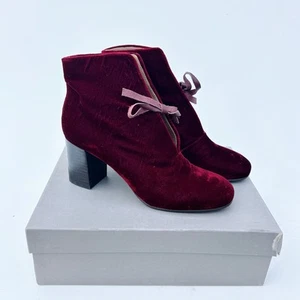 New Coclico Velvet Block Heel Round Toe Bow Ankle Boots Red 6.5 Burgundy 37 - Picture 1 of 12