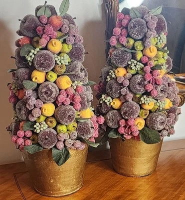 2 Sugar Frosted Beaded Faux Fruit Topiary Trees Gold Base TableTop Holiday X-mas - Image 1 of 4