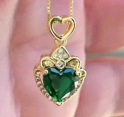 2Ct Heart Cut Lab Created Green Emerald Cluster Pendant 14K Yellow Gold Plated - Image 1 of 4