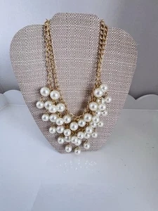 Double Strand Oversized Pearl Necklace Bib Stacked Statement Jewelry Gold Chain - Picture 1 of 5