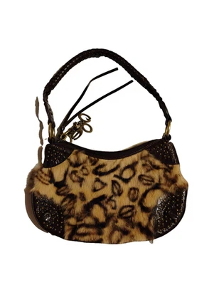 Bebe Logo Print Fur W/Brown Leather Trim Stud Shoulder Bag Handbag  Bobo - Image 1 of 4