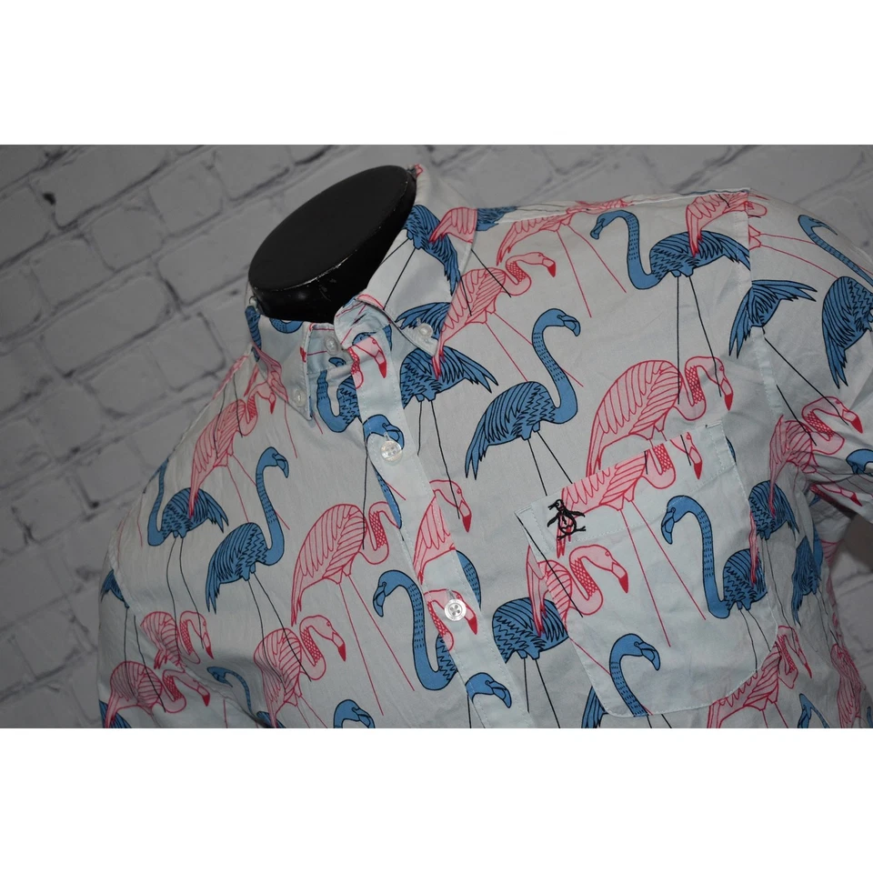 Original Penguin Munsingwear Shirt Men Size Large Hawaiian Blue Pink Flamingo  - Image 1 of 4