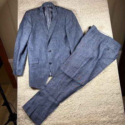 Мужской костюм Bachrach из синей льняной смеси куртка и брюки 40R 34R - Изображение 1 из 4