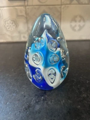 Glass Art Swirl Lines Bubble Cobalt Blue & White Teardrop Paperweight  - Image 1 of 4