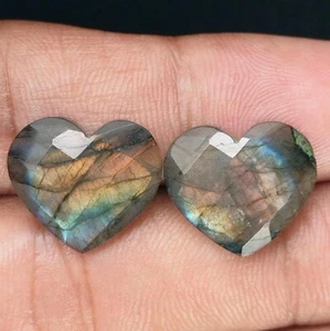 Natural Labradorite Heart Matched Cabochon Faceted Pair Loose Gemstone 13x16 MM - Picture 1 of 8
