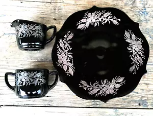 BLACK AMETHYST GLASS PLATTER +SUGAR +CREAMER, SILVER OVERLAY LANCASTER 3-PC - Picture 1 of 16