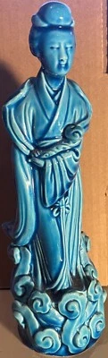 Estatua de deidad figura esmaltada azul china de principios del siglo XX cerámica 9,5" de alto Foto 1 de 4