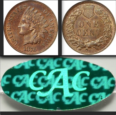 1876 NGC MS65 CAC 3rd Rarest "P" 1C 1873-now $960-CDN CAC Centennial Indian Cent - Image 1 of 4