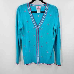 Quacker Factory Blue Pink Embroidered Floral Sweater Cardigan Small Vintage - Picture 1 of 6