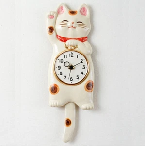 Japanese White Lucky Cat Manekineko Pendulum Wall Clock Pottery Seto ware Gift - Picture 1 of 3