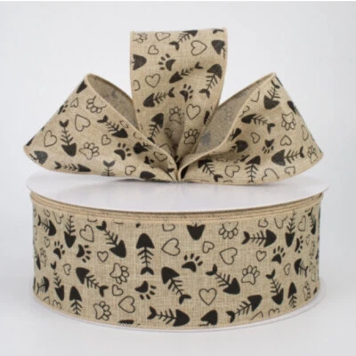 ENORME ROLLO Impresiones de Pata de Gato Cinta de Lino con Cable 2.5" Gatito Pez Huesos Patas Huella de Pata Foto 1 de 3