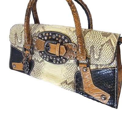 Bolso de Mano Años 90 De Colección Negro Tostado Tachonado Piel de Serpiente Estampado GUESS Estrás Y2K OG Dije Foto 1 de 4