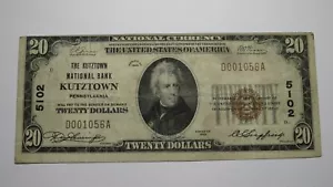 $20 1929 Kutztown Pennsylvania PA National Currency Bank Note Bill Ch. #5102 VF - Picture 1 of 3