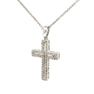 14K WHITE GOLD BAGUETTE DIAMOND CROSS PENDANT W/ 16” CHAIN 0.75 CT 3/4 CT Ladies - Picture 1 of 7