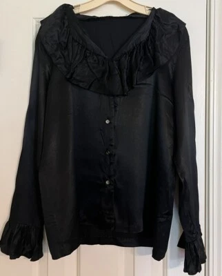 Vtg Rhoda Lee Black Satin Ruffle Blouse Collar/ Sleeves Button Up  Sz Large - Image 1 of 4