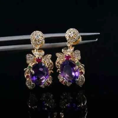 2.9Ct Oval Cut Lab Created Amethyst Women's Drop Earrings 14K Yellow Gold Plated - Image 1 of 4