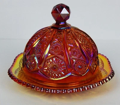Vtg Indiana Heirloom Sunset Red Orange Carnival Glass Covered Round Butter Dish - Image 1 of 4