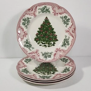 4 Johnson Brothers 10.5" Old Britain Castles Christmas Dinner Plates Green Tree - Picture 1 of 11
