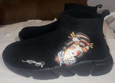 Ed Hardy 鞋男式 10 码黑色针织艺妓纹身艺术一脚蹬袜子运动鞋 — 第 1/4 张图片