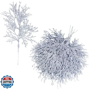 Winlyn 15 Pezzi Argento Glitter Cedro Artificiale Sprigs Picks Finto Cedro Industrie - Foto 1 di 5