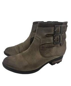Sorel Lolla Brown/GRAY Leather Ankle Booties Womens Size 8  Burro Buffalo Buckle - Picture 1 of 9