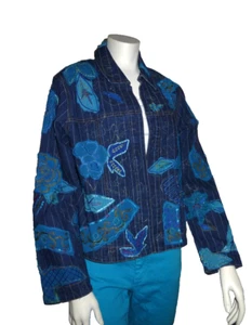 Women's Chico's Embellished Jean jacket Sz 1 Made in India Wearable Art - Picture 1 of 6